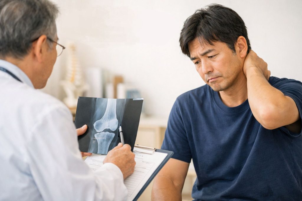 病院で膝の説明を受けるイメージ