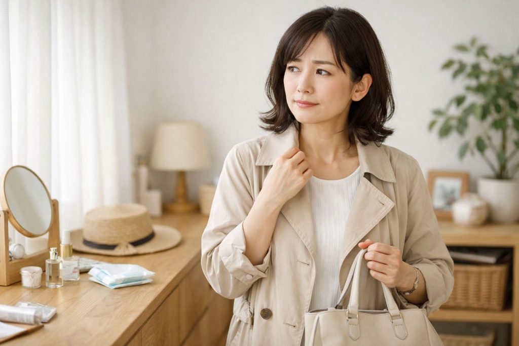 外出の準備をしながら、くしゃみや尿漏れへの不安を感じている女性