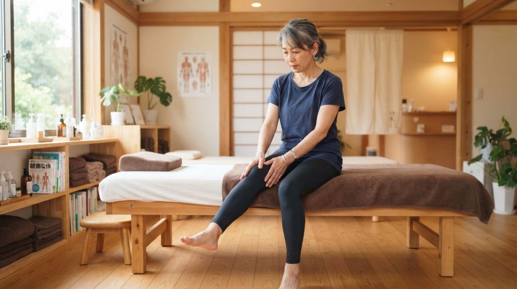 運動後に脚を動かし、身体の反応を確かめている女性
