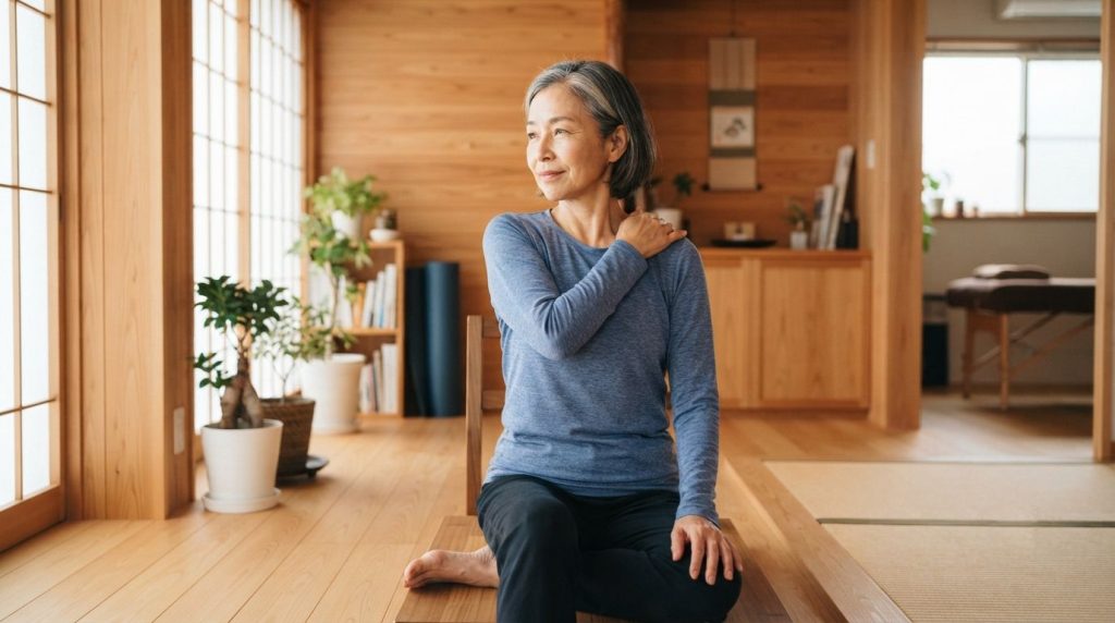 運動後に肩の状態を確かめている女性