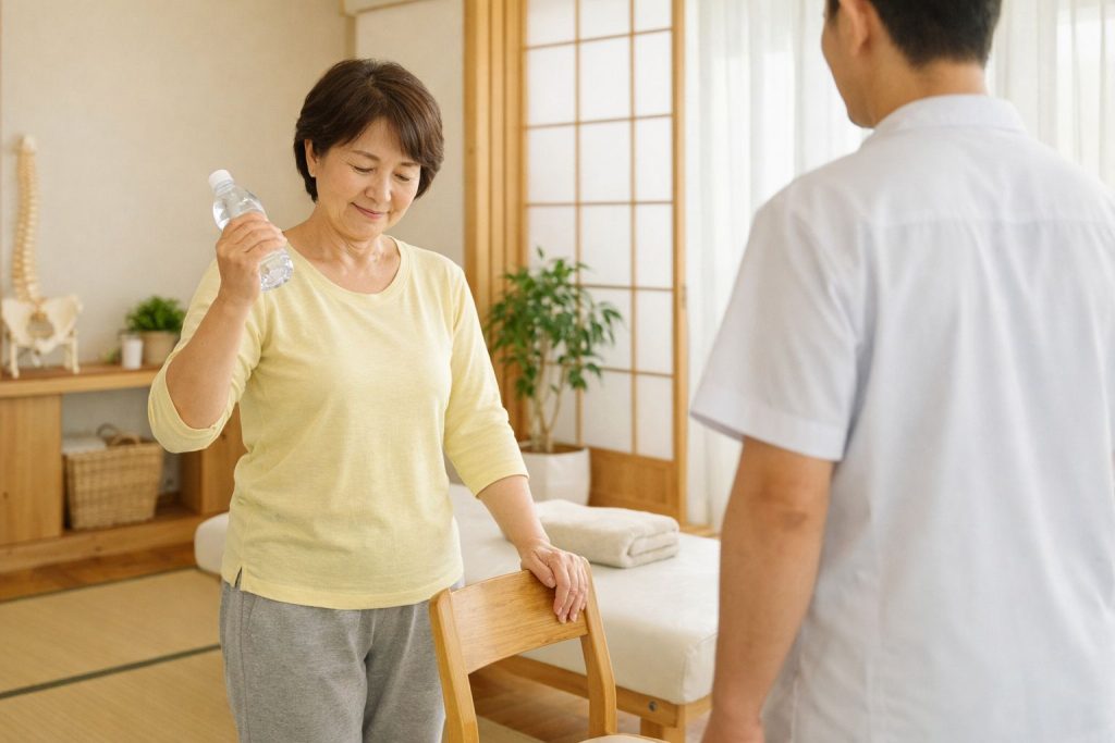 ペットボトルを片手に持ちながら、無理なく肘を曲げて身体の動きを確かめている女性と整体師