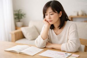 記録やカレンダーを見たあと、静かに考えている女性