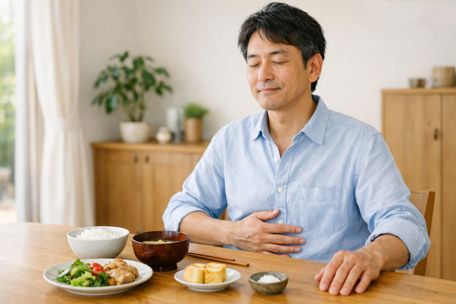 食後に自分の身体の反応を静かに確かめている男性