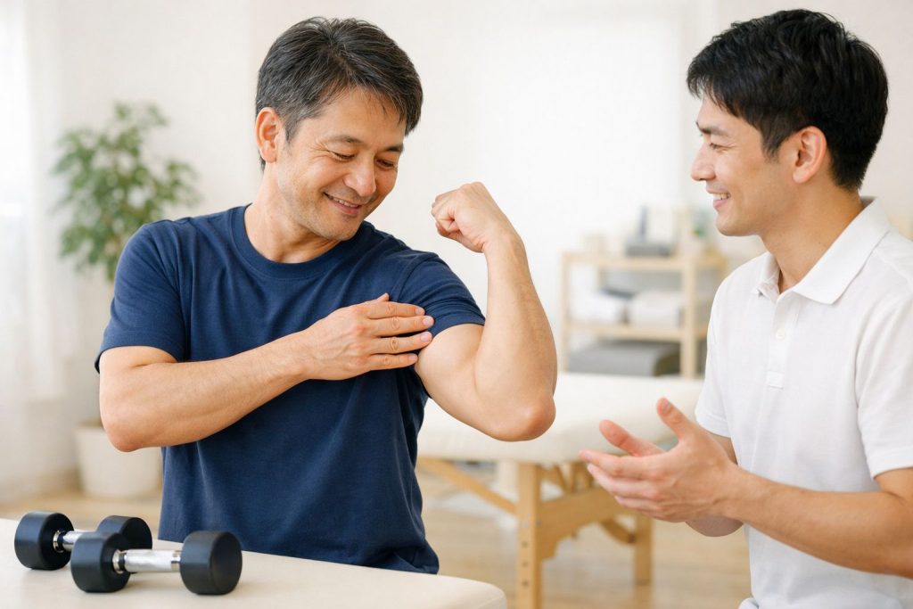 トレーニング後に腕のパンプ感と身体の状態を確かめている男性