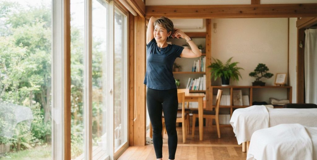 運動した翌日に身体の調子を確かめている女性