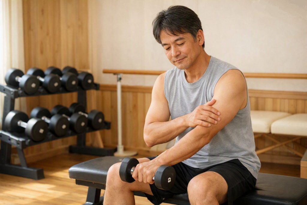 長年のトレーニング経験を振り返りながら身体の感覚を確かめている男性