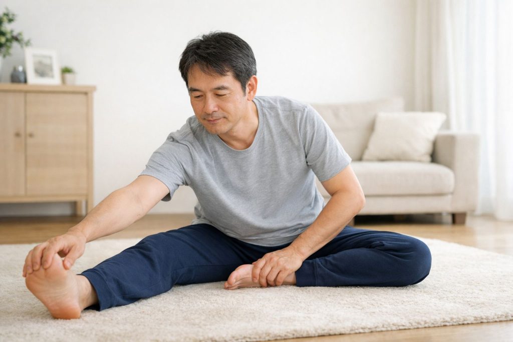 無理のない開脚で身体の動きやすさを確かめている男性