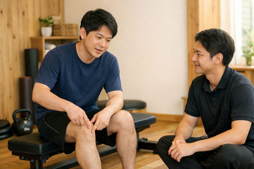 トレーニング中に感じた違和感をトレーナーへ伝えている男性