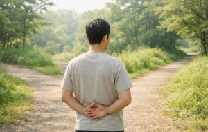 3つに分かれた道を前にして、自分に合う方向を静かに考えている人