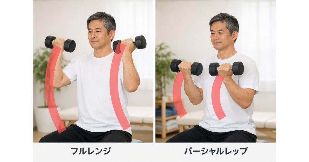 ダンベルカールのフルレンジとパーシャルレップの可動域を比較した画像