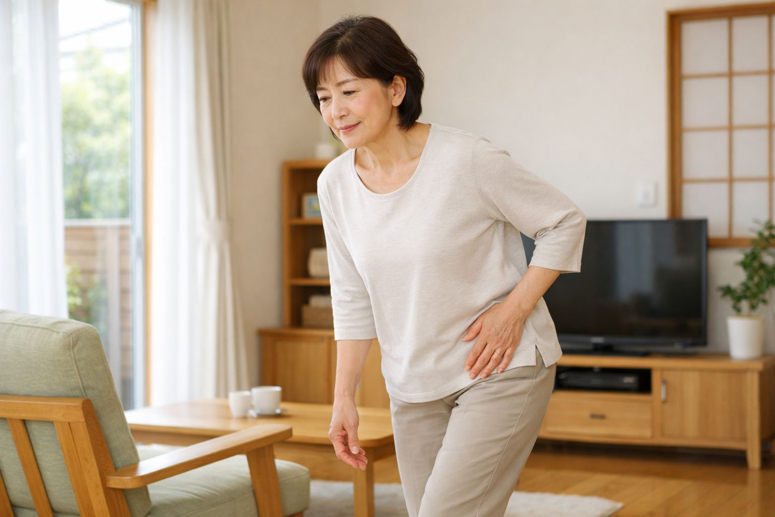 歩き始めに股関節の痛みや違和感を感じる女性