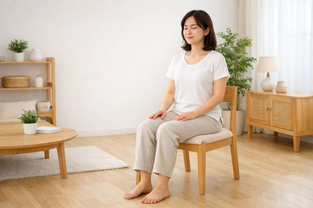 椅子に座り、足を床につけて静かに呼吸している女性