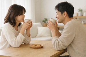 パートナーと向かい合って温かい飲み物を飲み、穏やかに過ごしている場面
