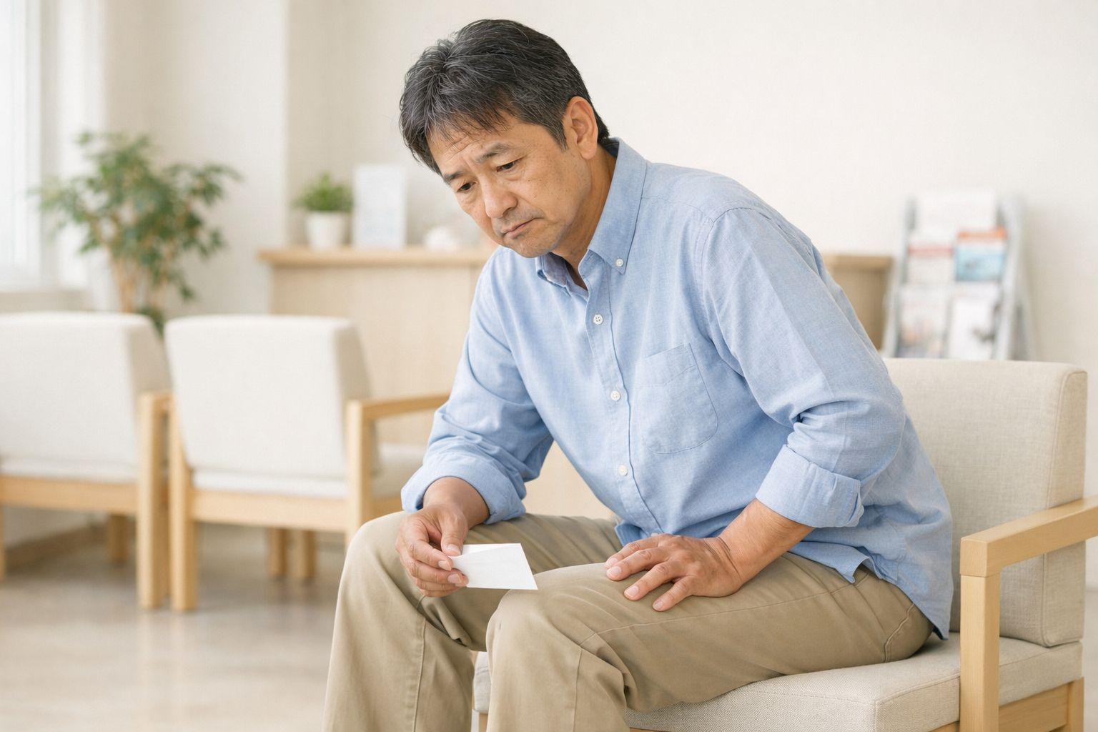 坐骨神経痛の治療を続けても変化が少なく、今後を考えている男性