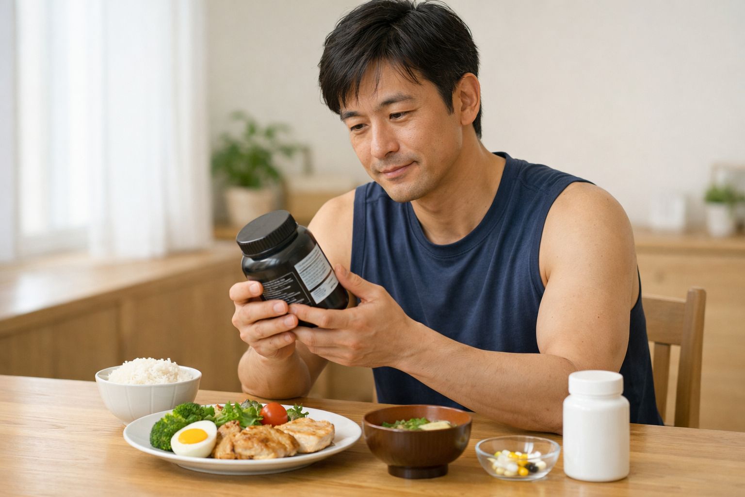 普段の食事とプロテインやサプリメントを見比べている男性