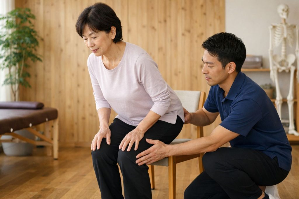 椅子からゆっくり立ち上がり、負担の少ない下半身運動を確認する女性