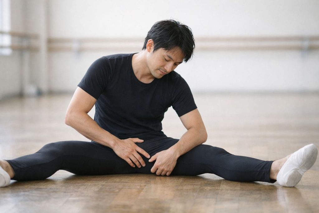 開脚後に内ももや太ももの裏の状態を確かめている男性