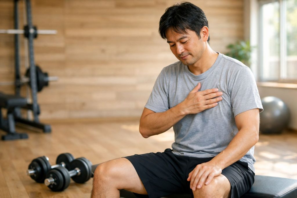 運動後に身体を確かめている男性