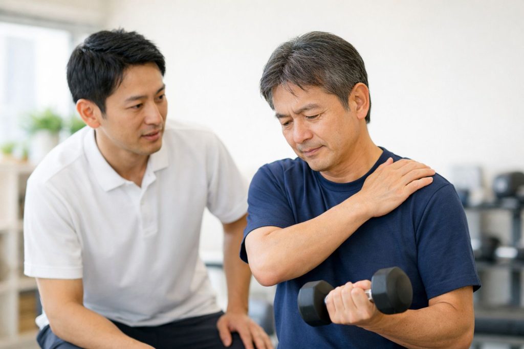 肩のトレーニング後に違和感へ気づき、肩の状態を確かめる男性