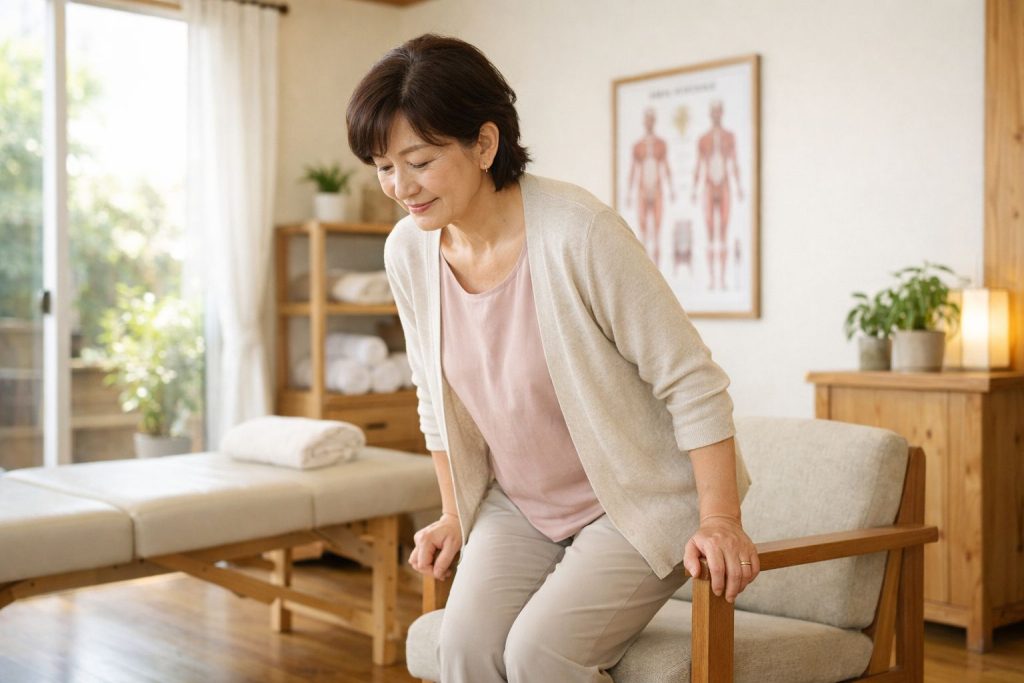 椅子からゆっくり立ち上がる女性
