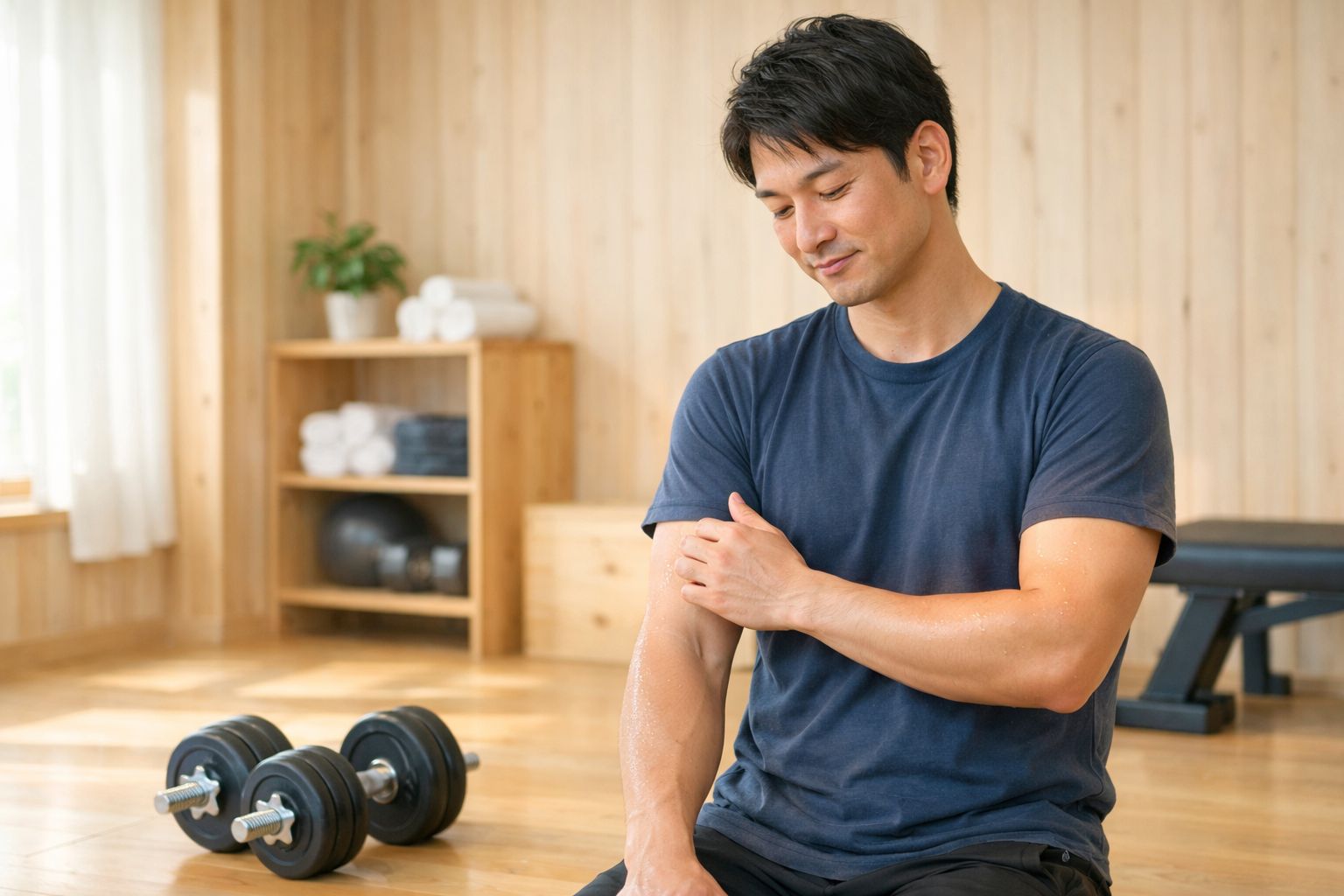 腕の筋力トレーニング後にパンプした筋肉の状態を確認する男性