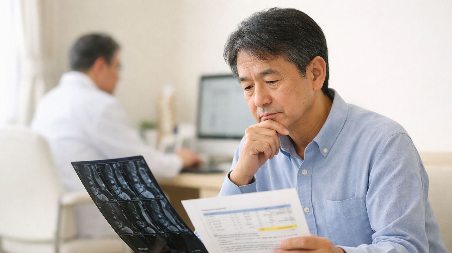 椎間板ヘルニアの検査結果を見ながら不安を感じている男性