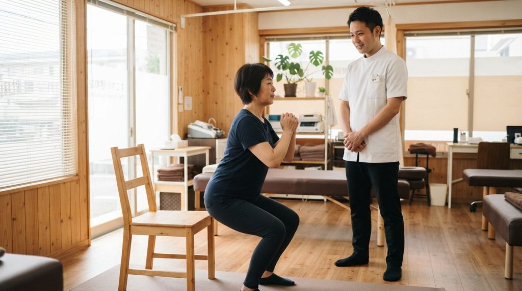 椅子を目安にスクワットを行い、身体に合う動きを確かめている女性