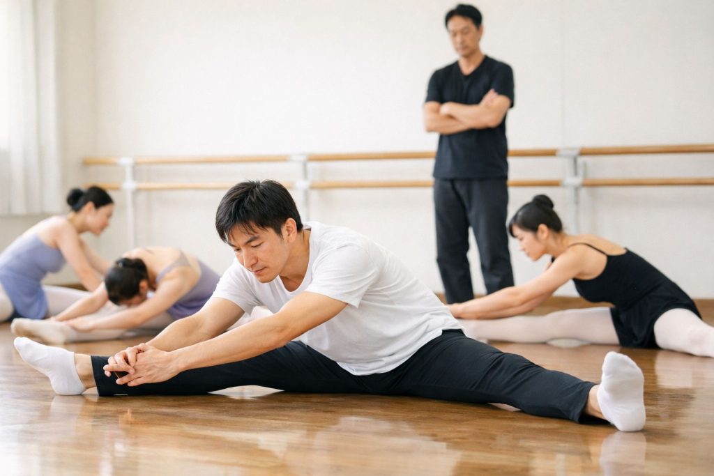 バレエ教室で開脚を深めようとストレッチしている男性
