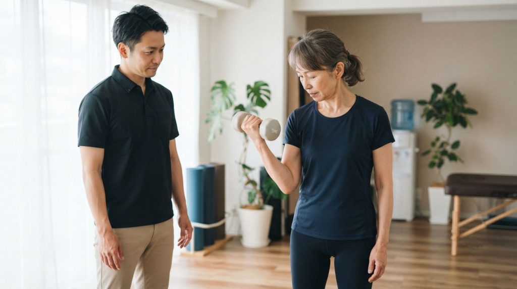 軽いダンベルを持ち、腕の筋肉の伸び縮みに意識を向けている女性