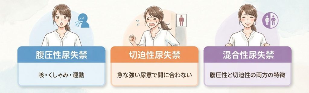 女性に多い腹圧性・切迫性・混合性尿失禁を示した図