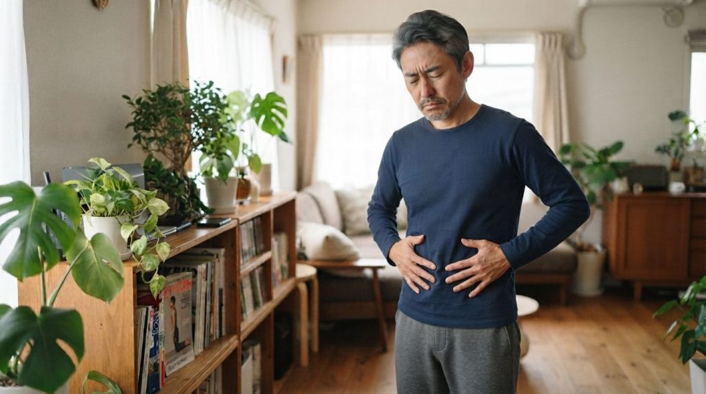自分の腰や身体の感覚を確かめている場面