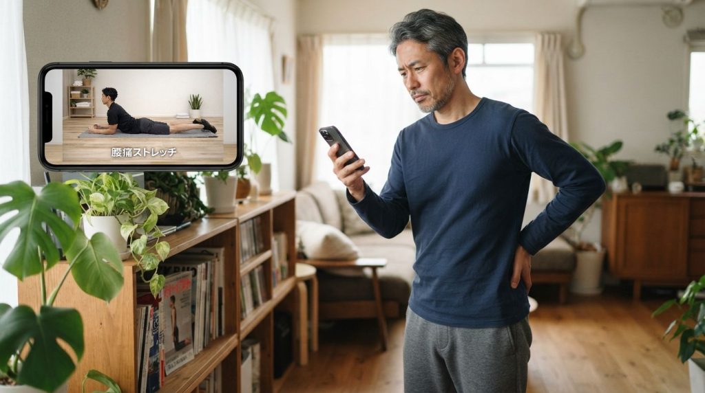 スマホを見ながら腰のストレッチをしようとしている人