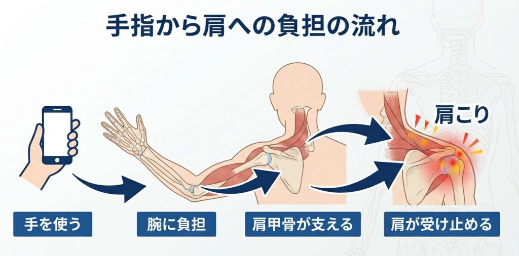 手を使う→ 腕に負担→ 肩甲骨が支える→ 肩が受け止めるという肩へ負担がかかる図