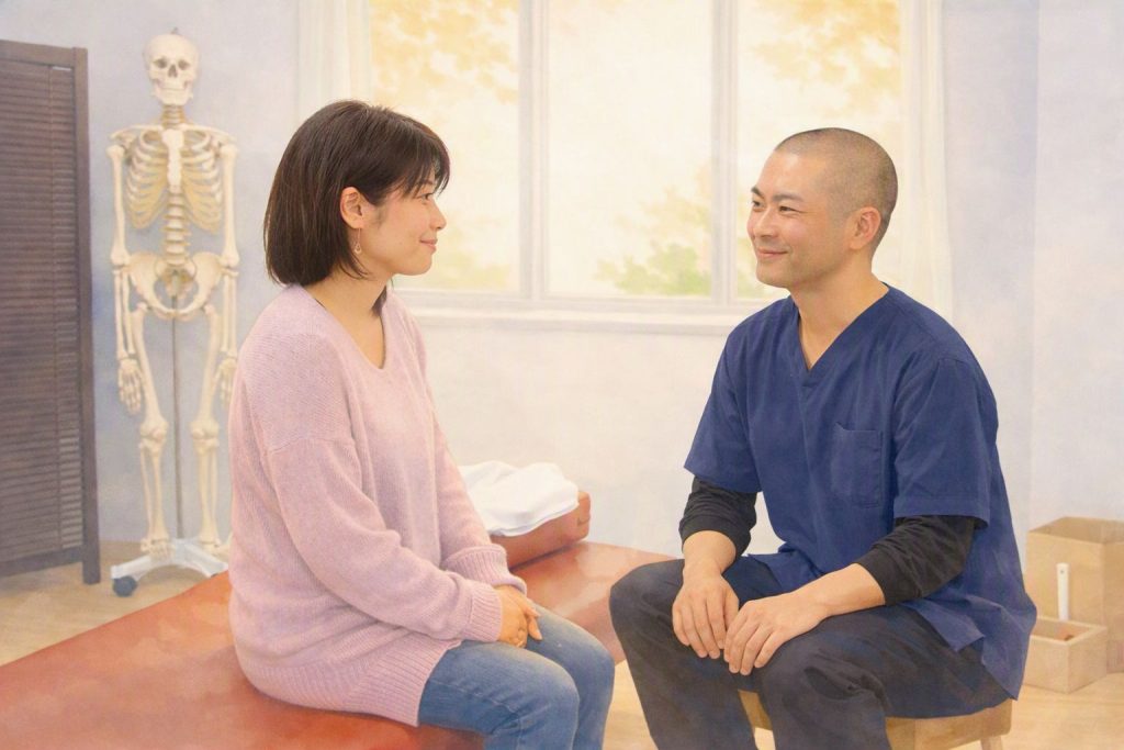 整体院で女性の話を落ち着いて聞く施術者